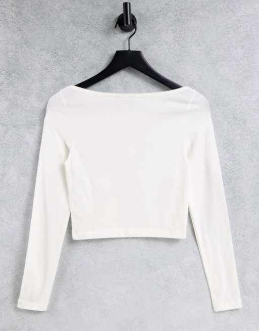 ASOS DESIGN - Top a maniche lunghe bianco con scollo a barchetta