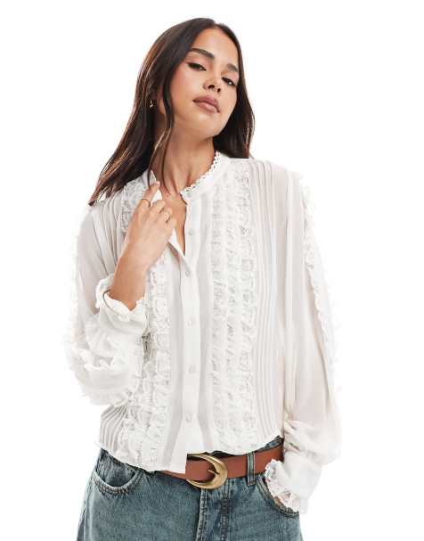 ASOS DESIGN - Top a maniche lunghe bianco trasparente con inserto in pizzo con volant - view 1