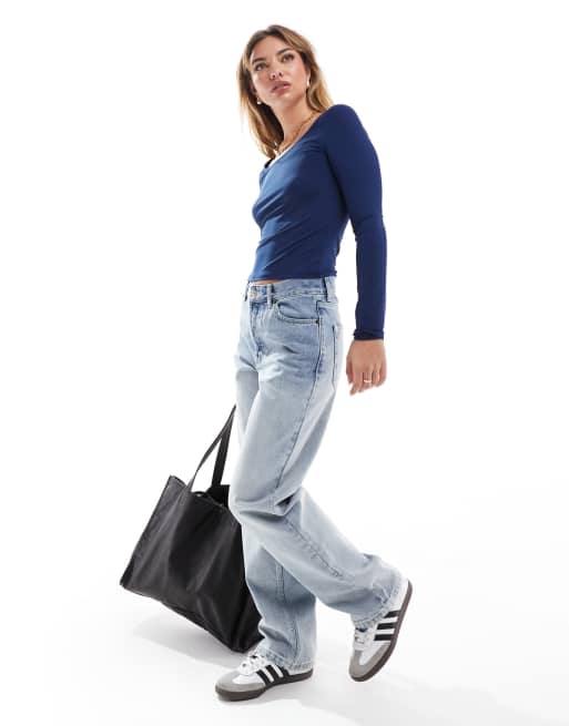ASOS DESIGN - Top a maniche lunghe blu navy con scollo a barca