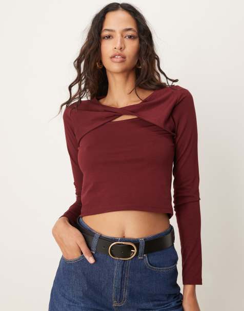 ASOS DESIGN - Top a maniche lunghe bordeaux a coste con incrocio sul davanti - view 1