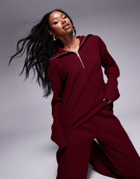 ASOS DESIGN - Top a maniche lunghe bordeaux a coste con zip corta in coordinato - view 1