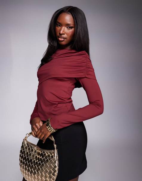ASOS DESIGN - Top a maniche lunghe bordeaux con spalle drappeggiate - view 1