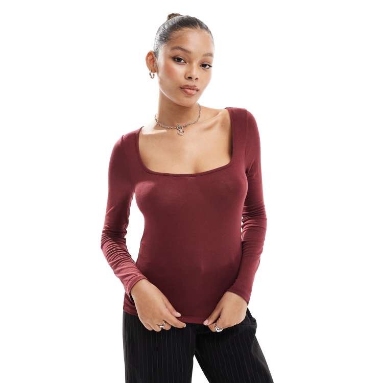 Top Donna Aokosor A Maniche Lunghe Con Scollo Giro E Maniche A Sbuffo – Pizzo Plissettato, Rosso Vinaccia, Taglia L