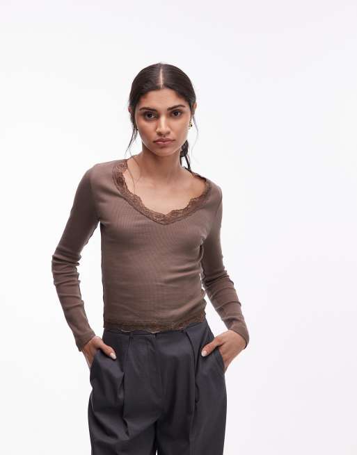 ASOS DESIGN - Top a maniche lunghe color cioccolato a coste con dettaglio in pizzo