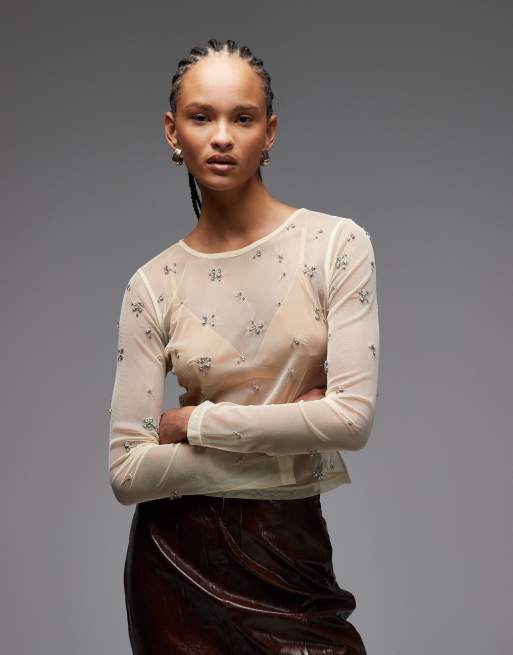 ASOS DESIGN - Top a maniche lunghe color crema trasparente con decorazioni sparse