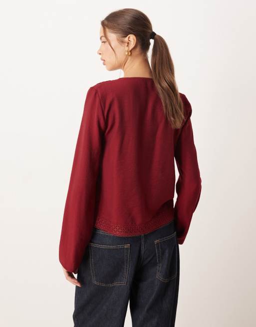 ASOS DESIGN - Top a maniche lunghe color gelso con finiture in pizzo, 2 di 4