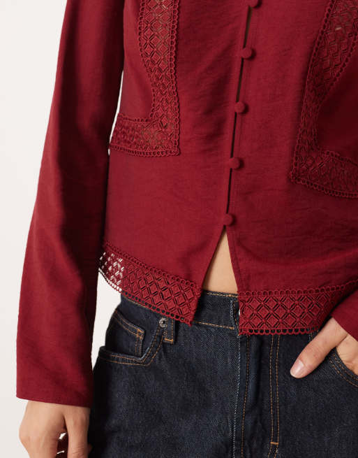 ASOS DESIGN - Top a maniche lunghe color gelso con finiture in pizzo, 4 di 4