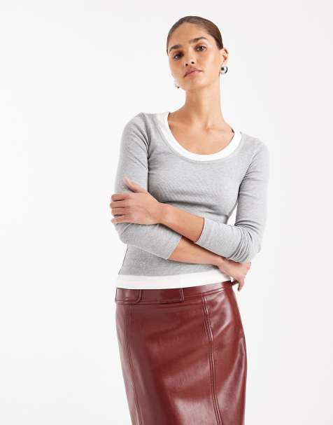 ASOS DESIGN - Top a maniche lunghe color grigio mélange e crema effetto doppio strato - view 1