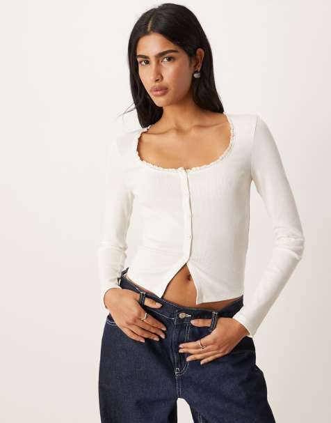 ASOS DESIGN - Top a maniche lunghe color panna a coste con bottoni e dettagli in pizzo - view 1