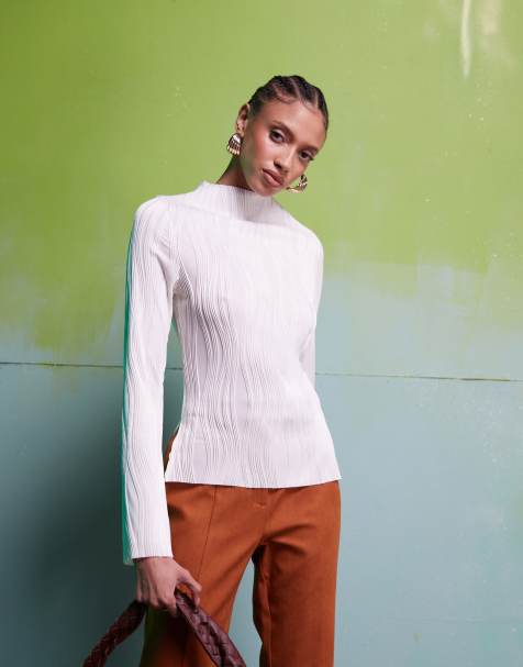 ASOS DESIGN - Top a maniche lunghe color panna plissé - view 1