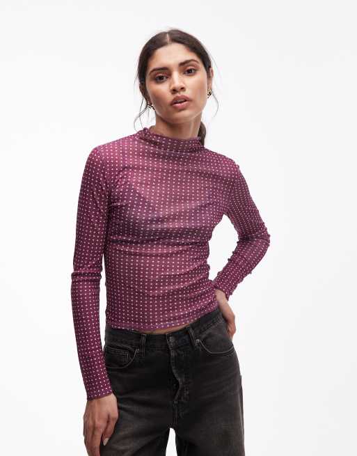 ASOS DESIGN - Top a maniche lunghe color porpora trasparente a pois con collo alto