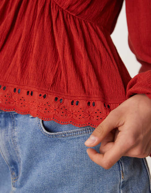 ASOS DESIGN - Top a maniche lunghe color ruggine stropicciato allacciato sul retro, 3 di 4