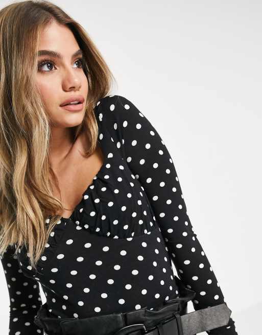 ASOS DESIGN - Top a maniche lunghe con busto arricciato e scollo a cuore a pois, 3 di 4
