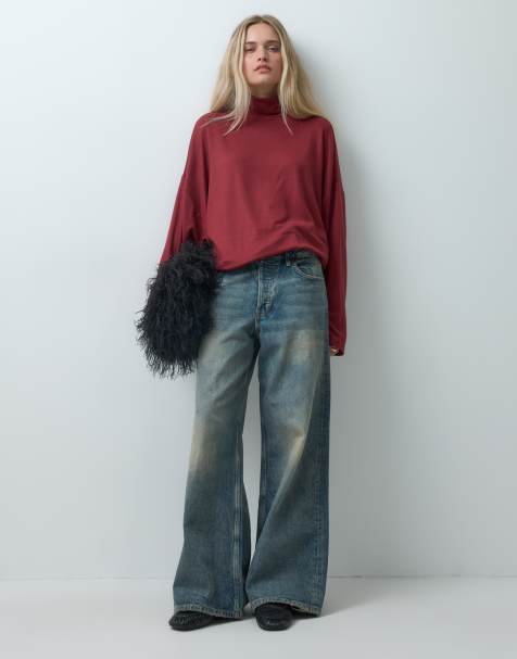 ASOS DESIGN top a maniche lunghe con collo alto e maniche a pipistrello drappeggiante in rosso scuro - view 1