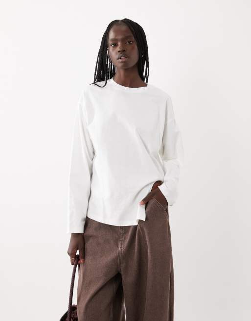 ASOS DESIGN top a maniche lunghe con dettaglio orlo annodato e girocollo in ecru