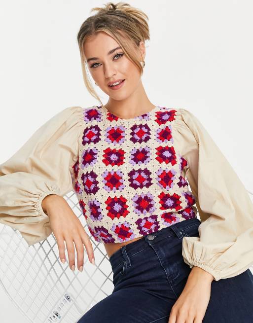 ASOS DESIGN - Top a maniche lunghe con dettaglio patchwork all'uncinetto e laccetto con nappe beige