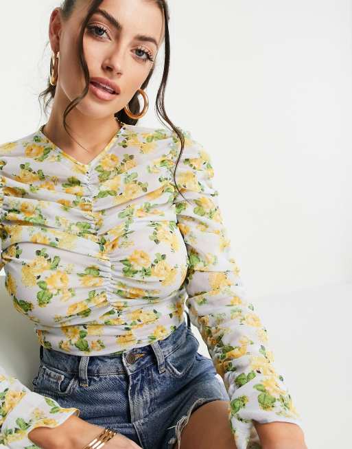 ASOS DESIGN - Top a maniche lunghe con ruches, a fiori gialli, 4 di 4