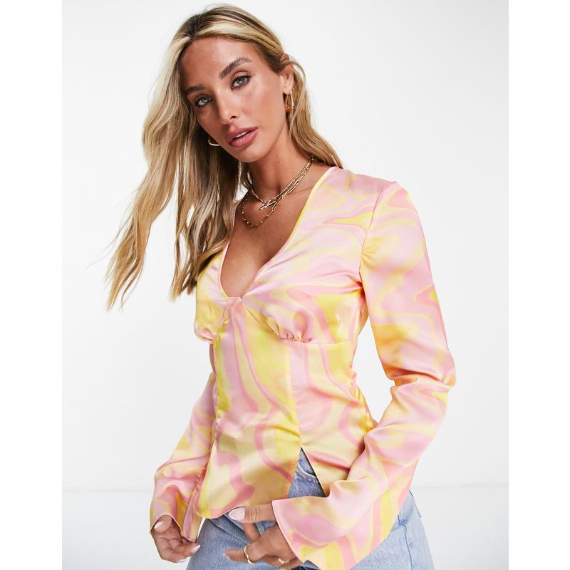 Donna Camicie e bluse DESIGN - Top a maniche lunghe con scollo a V in raso rosa e giallo con stampa astratta 