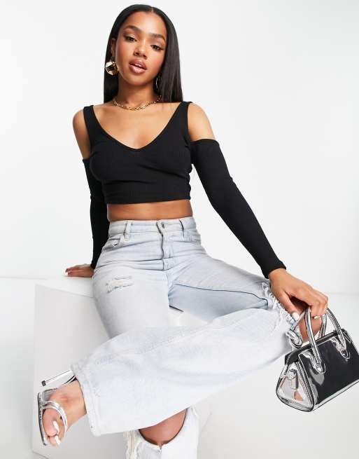 ASOS DESIGN - Top a maniche lunghe con scollo a V sul davanti e sul retro, colore nero