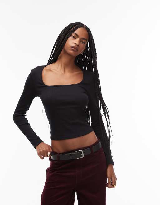 ASOS DESIGN - Top a maniche lunghe con scollo quadrato nero a coste