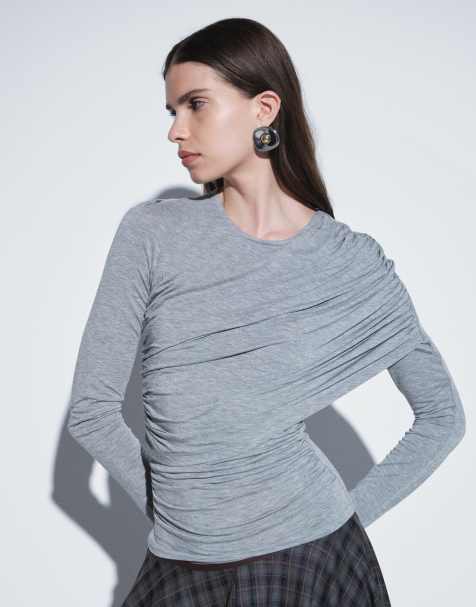 ASOS DESIGN top a maniche lunghe con spalla drappeggiata e avvolgente in grigio mélange - view 1