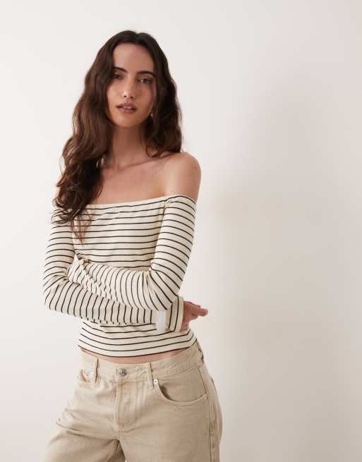 ASOS DESIGN top a maniche lunghe con spalle scoperte a righe nere e écru, 4 di 4