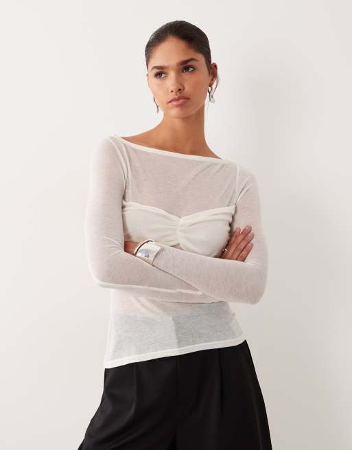 ASOS DESIGN - Top a maniche lunghe effetto maglia semitrasparente color avorio con strato sovrapposto arricciato sul busto
