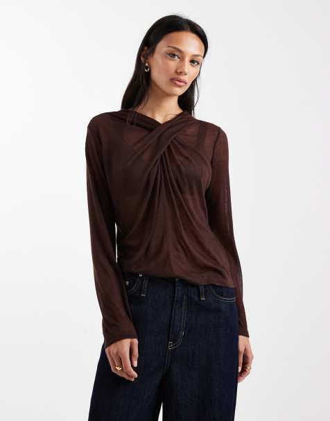 ASOS DESIGN - Top a maniche lunghe effetto maglia semitrasparente color cioccolato con drappeggio sul collo - view 1