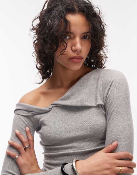 ASOS DESIGN - Top a maniche lunghe grigio con spalle scivolate - view 1