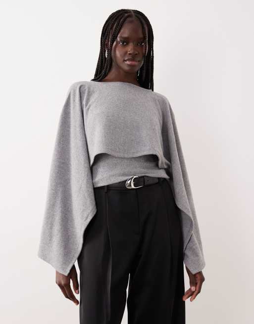 ASOS DESIGN - Top a maniche lunghe grigio mélange con dettaglio drappeggiato stile sciarpa
