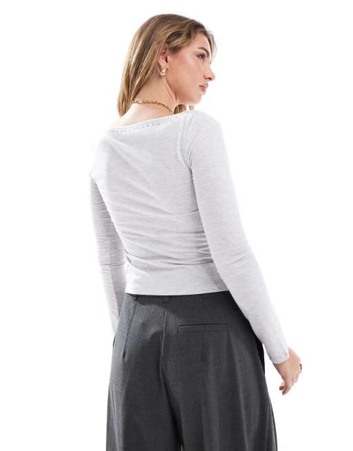 ASOS DESIGN - Top a maniche lunghe grigio mélange con scollo a barca, 2 di 4