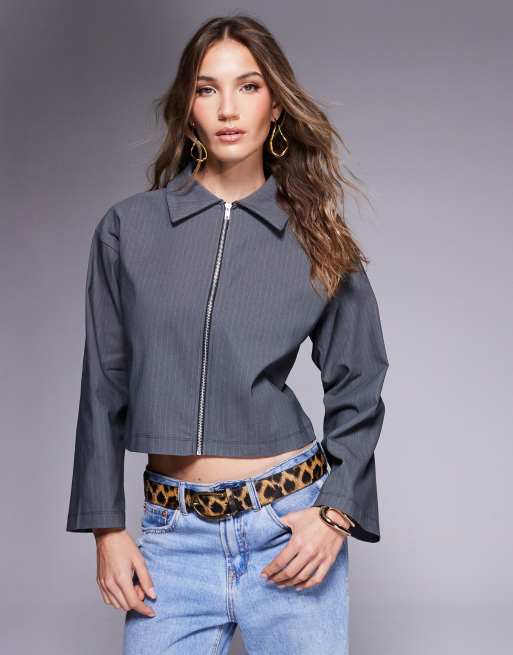ASOS DESIGN - Top a maniche lunghe in bengalina con zip color ardesia