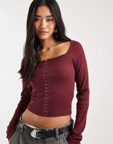 ASOS DESIGN - Top a maniche lunghe in cotone bordeaux a coste con scollo quadrato e gancetti - view 1