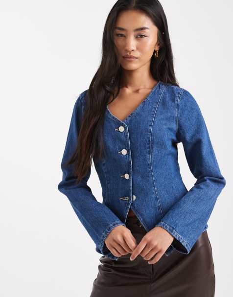 ASOS DESIGN - Top a maniche lunghe in denim blu medio con cuciture a vista e vita stretta - view 1