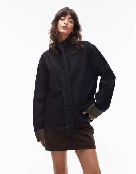 ASOS DESIGN - Top a maniche lunghe in denim indaco con tinta marrone e fiocco - view 1