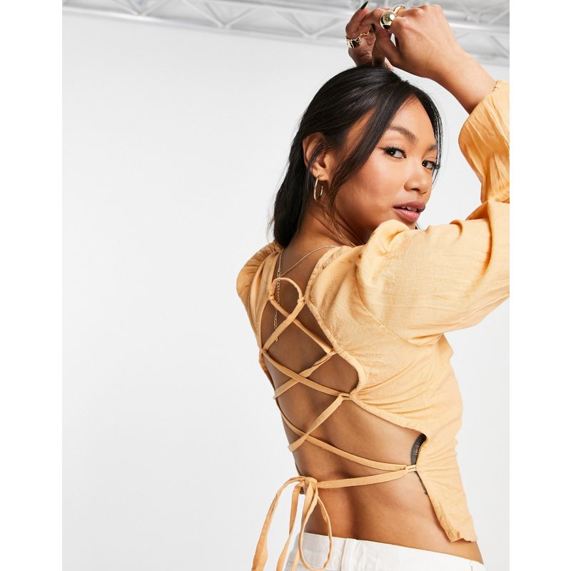 Donna Top DESIGN - Top a maniche lunghe in lino color mango con laccetti sulla schiena