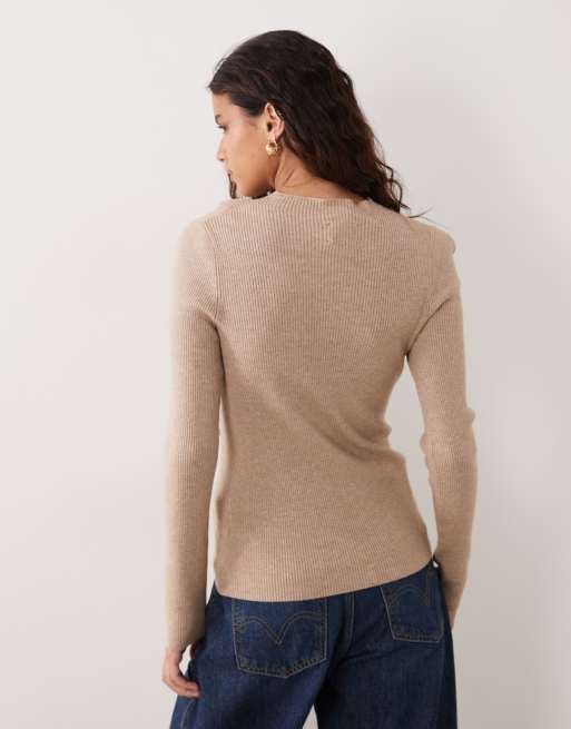 ASOS DESIGN top a maniche lunghe in maglia a coste con bottoni color avena, 4 di 4