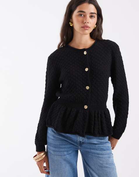 ASOS DESIGN top a maniche lunghe in maglia con peplo e bottoni dorati nero - view 1