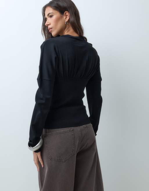 ASOS DESIGN top a maniche lunghe in maglia fine con dettaglio arricciato nero, 5 di 5