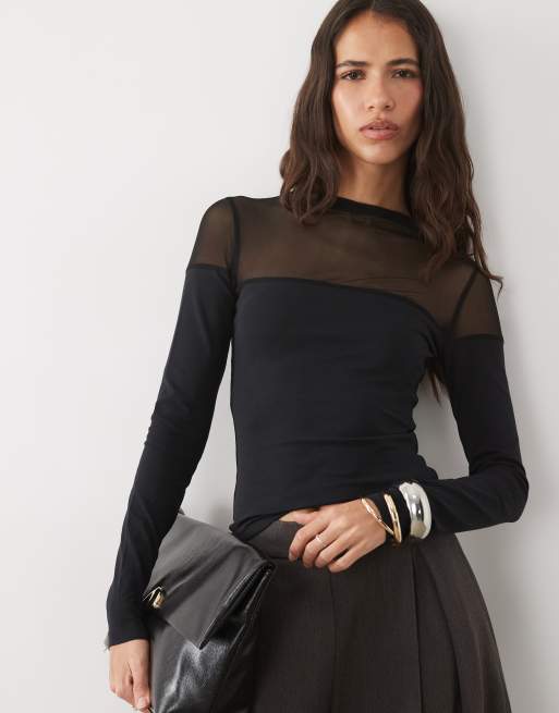 ASOS DESIGN - Top a maniche lunghe in misto cotone e rete compatta nero con dettaglio stile Bardot, 1 di 4