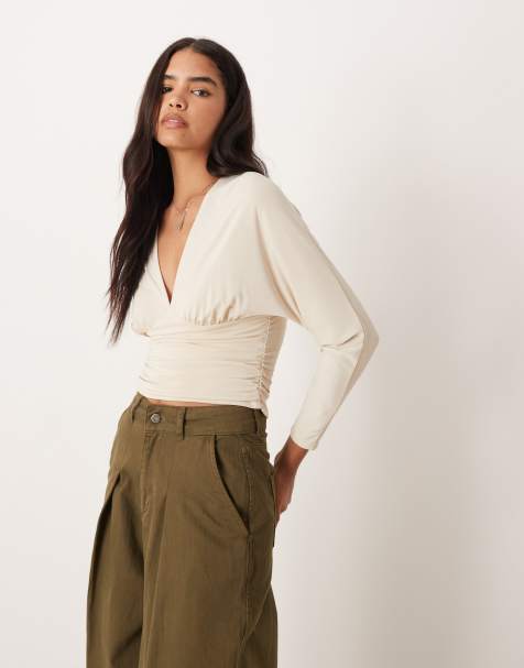 ASOS DESIGN - Top a maniche lunghe in modal color latte di cocco con pannello raccolto - view 1