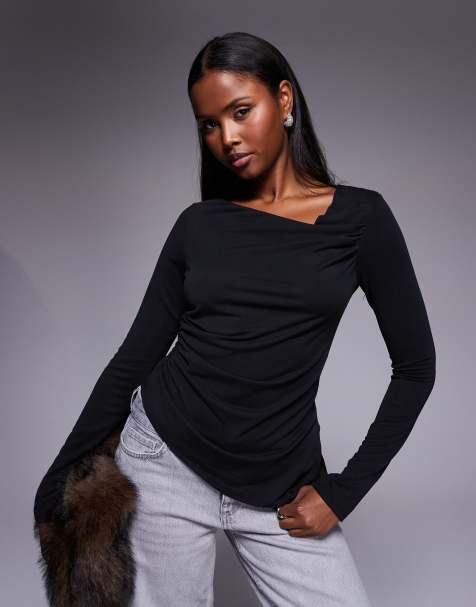 ASOS DESIGN - Top a maniche lunghe in modal nero con scollo asimmetrico - view 1