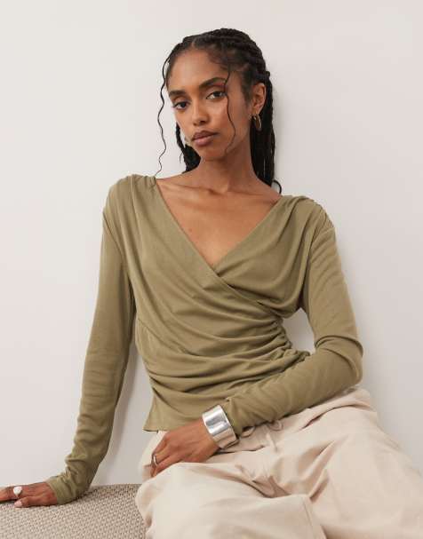 ASOS DESIGN - Top a maniche lunghe in morbido jersey drappeggiato color verde oliva a portafoglio - view 1