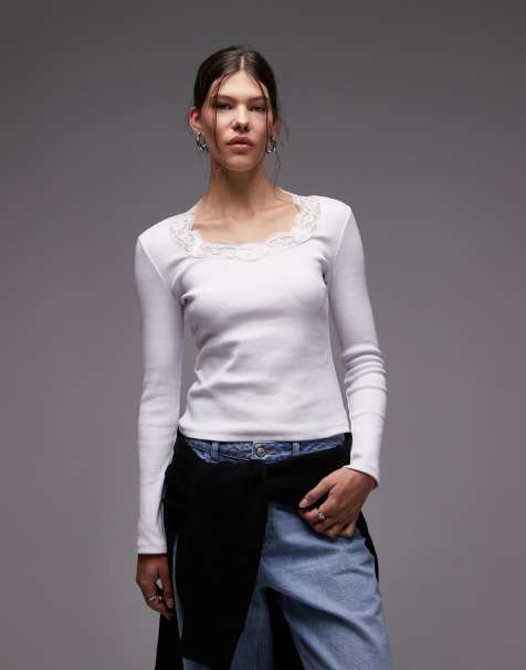 ASOS DESIGN - Top a maniche lunghe in pizzo avorio con scollo a cuore e finiture a coste - view 1