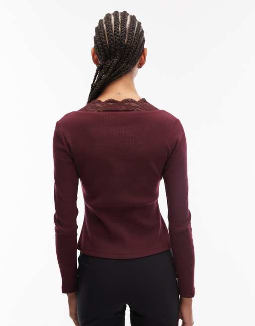 ASOS DESIGN - Top a maniche lunghe in pizzo color prugna con scollo a cuore e finiture a coste, 4 di 4