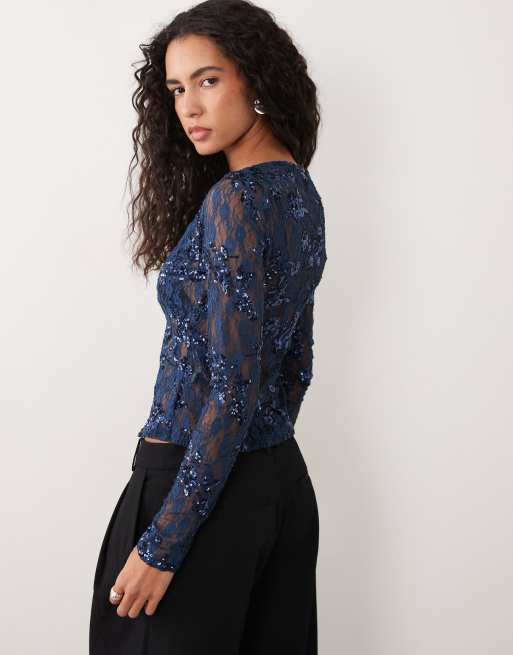 ASOS DESIGN top a maniche lunghe in pizzo con paillettes e apertura a goccia cut-out blu, 4 di 4