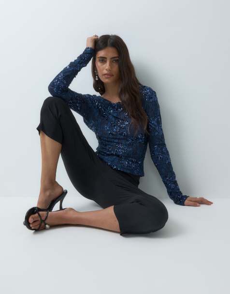 ASOS DESIGN top a maniche lunghe in pizzo con paillettes e schiena scoperta, blu royal - view 1