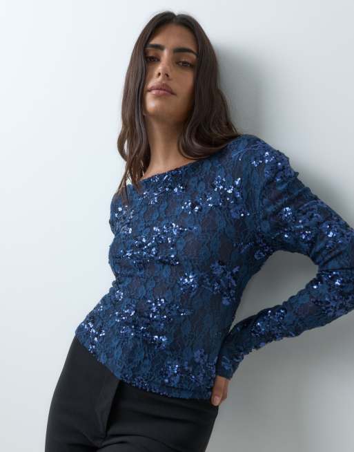 ASOS DESIGN top a maniche lunghe in pizzo con paillettes e schiena scoperta, verde petrolio, 5 di 5