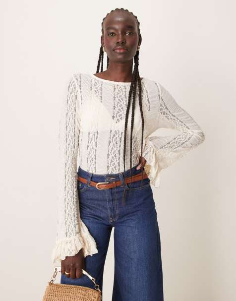ASOS DESIGN - Top a maniche lunghe in pizzo crema - view 1