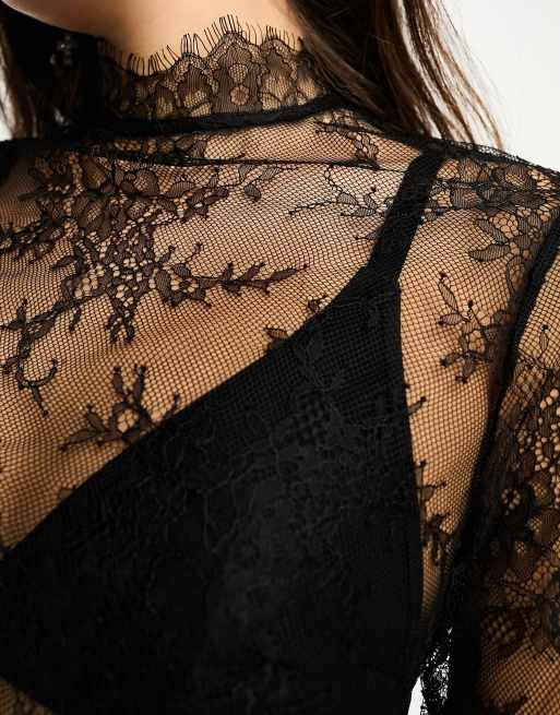 ASOS DESIGN - Top a maniche lunghe in pizzo decorato nero con bordi smerlati in coordinato, 3 di 4